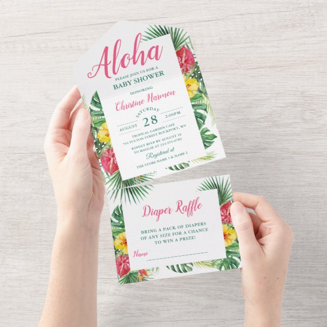 Aloha Tropical Floral Baby Shower & Diaper Raffle All In One Invitation (Tearaway)