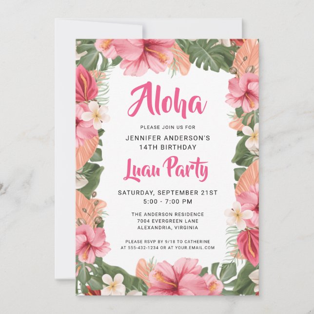 Aloha Tropical Floral Luau Party Birthday Invitation (Front)