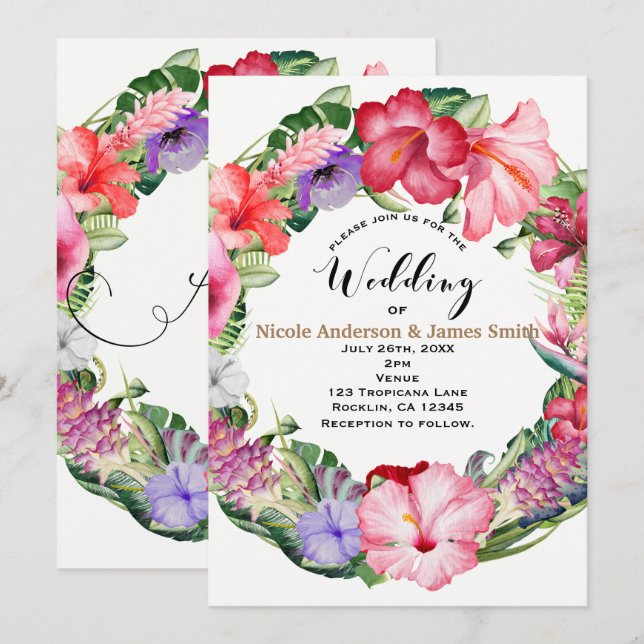 Aloha Tropical Floral Wreath Luau Wedding Party Invitation (Front/Back)
