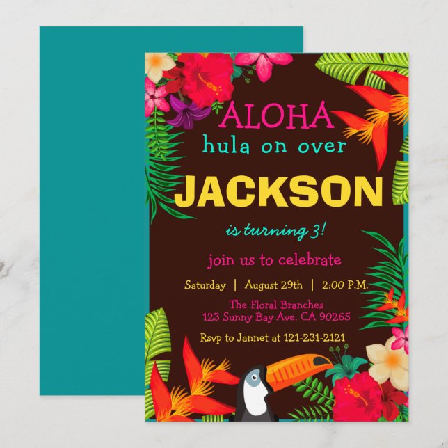 Aloha Tropical Flowers Hibiscus luau Birthday Invitation (Front/Back)