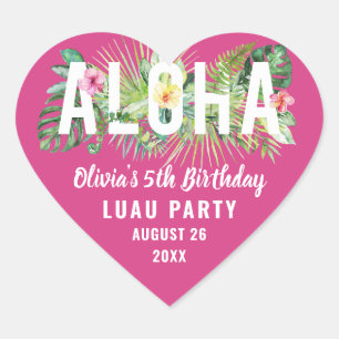Aloha Tropical Fuchsia Pink Birthday Party Favour Heart Sticker