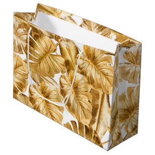 Aloha Tropical Gold Glitter Monstera Leaves Large Gift Bag