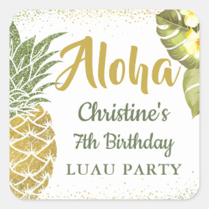 Aloha Tropical Gold Glitter Pineapple Birthday Square Sticker
