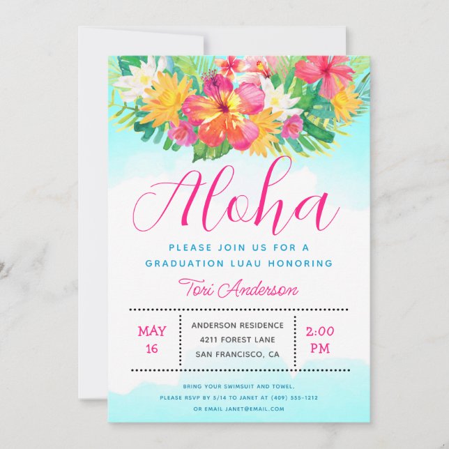 Aloha Tropical Graduation Luau Party Invitation (Front)