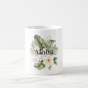 Aloha Tropical Green Leaves White Hibiscus Orchids Coffee Mug