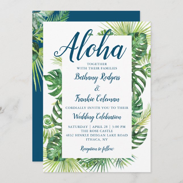 Aloha Tropical Greenery Blue Beach Wedding Invitation (Front/Back)