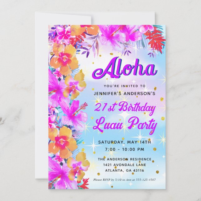 Aloha Tropical Hawaiian Luau Birthday Party Invitation (Front)