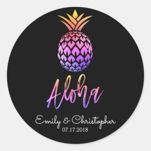 Aloha Tropical Hawaiian Pineapple Wedding Black Classic Round Sticker