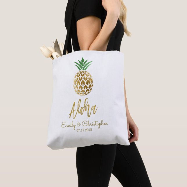 Aloha Tropical Hawaiian Pineapple Wedding Favour Tote Bag (Close Up)