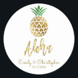Aloha Tropical Hawaiian Pineapple Wedding White Classic Round Sticker<br><div class="desc">Aloha Tropical Hawaiian Pineapple Wedding White Wedding Favour Sticker for a Hawaii Destination Wedding. The name and date can be updated on this sticker.</div>