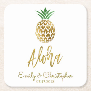 Aloha Tropical Hawaiian Pineapple Wedding White Square Paper Coaster