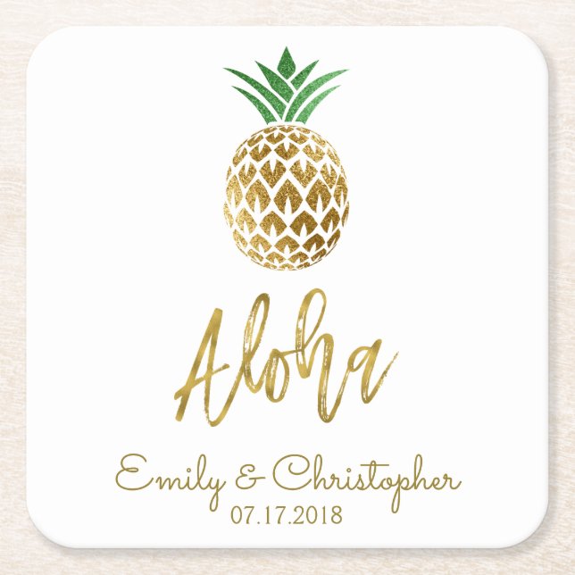 Aloha Tropical Hawaiian Pineapple Wedding White Square Paper Coaster (Front)