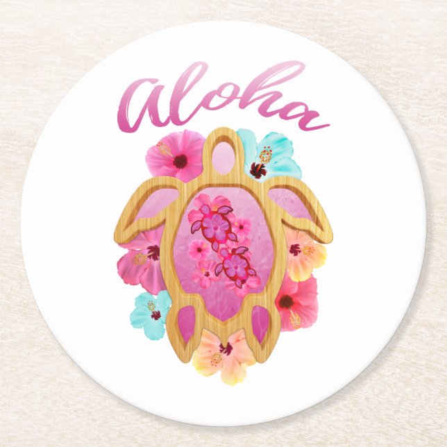 Aloha Tropical Honu Sea Turtle Round Paper Coaster (Front)