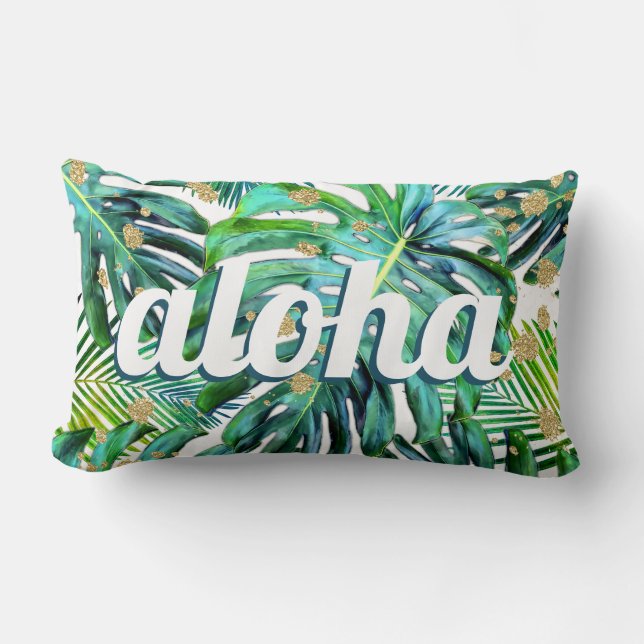 Aloha Tropical Leaf Pattern Monstera Hawaii Beach Lumbar Pillow (Front)