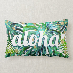 Aloha Tropical Leaf Pattern Monstera Hawaii Beach Lumbar Pillow