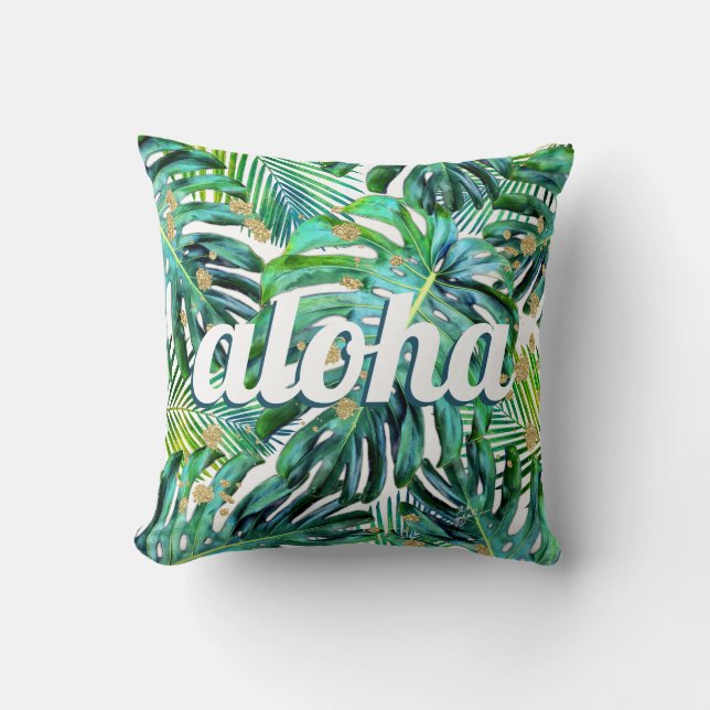 Aloha Tropical Leaf Pattern Monstera Leaves Hawaii Throw Pillow (Front)