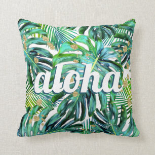 Aloha Tropical Leaf Pattern Monstera Leaves Hawaii Throw Pillow