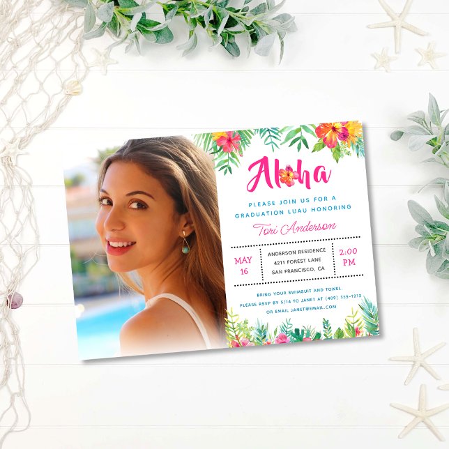 Aloha Tropical Luau Graduation Party Photo Invitation (Creator Uploaded)
