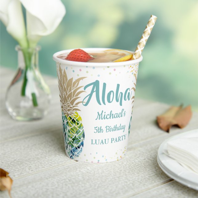 Aloha Tropical Luau Pineapple Beach Birthday Paper Cups (Insitu)