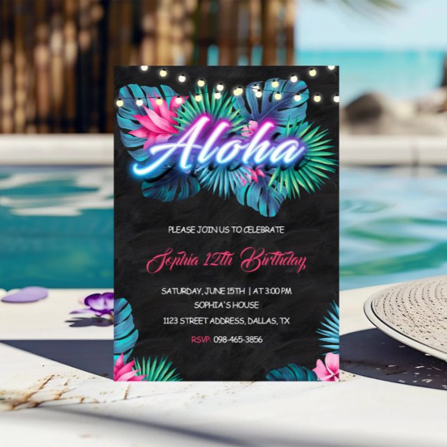 Aloha Tropical Neon Birthday Invitation (Creator Uploaded)