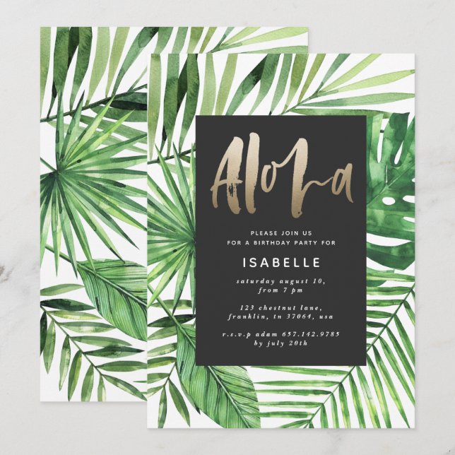 Aloha tropical palm & gold script party birthday save the date (Front/Back)