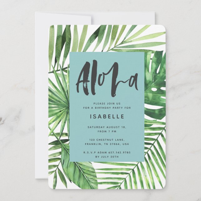 Aloha tropical palm & script birthday invitation (Front)