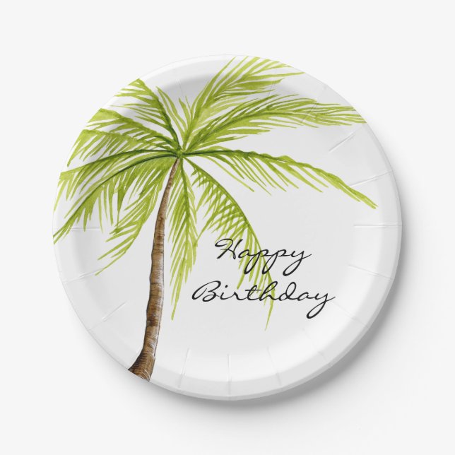 Aloha Tropical Palm Tree Beach Happy Birthday Paper Plate (Front)