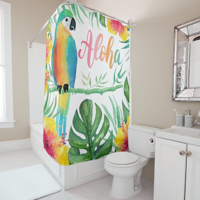 Aloha Tropical Parrot Hibiscus Palm Douche rideau (En situation)