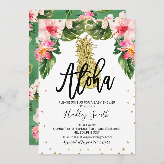 Aloha tropical pineapple baby shower invitation (Front/Back)