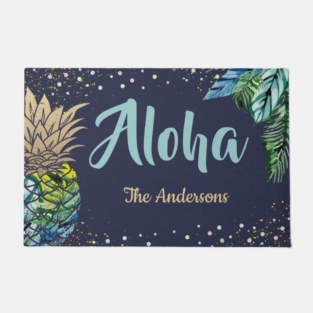 Aloha Tropical Pineapple Beach Family Name Doormat (Front)