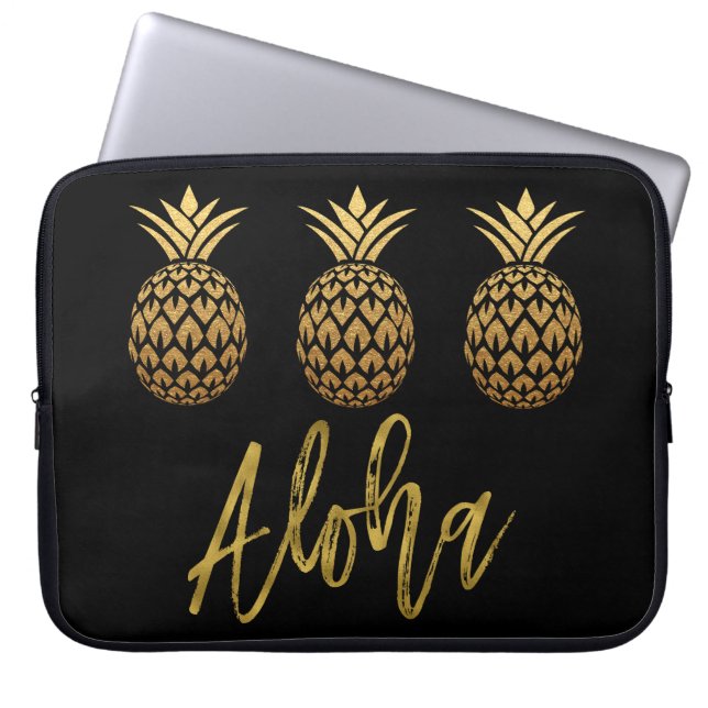 Aloha Tropical Pineapple Black and Gold Foil Laptop Sleeve (Front)