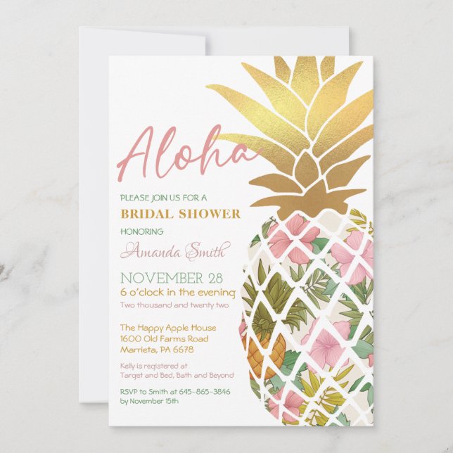 Aloha Tropical Pineapple Gold Leaf Bridal Shower Invitation (Front)