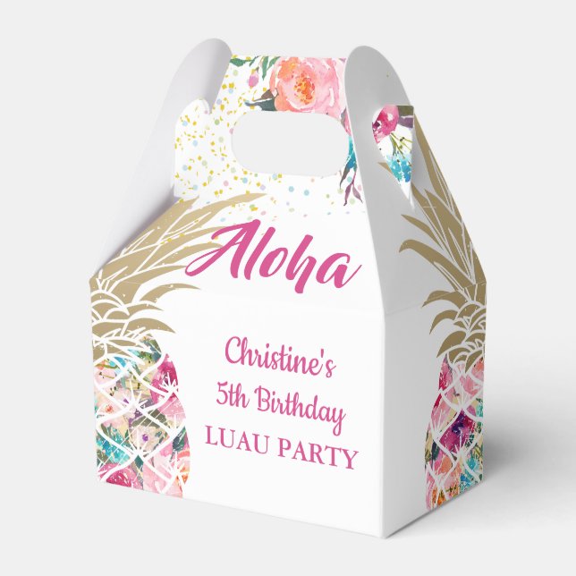 Aloha Tropical Pineapple Pink Floral Birthday Favor Box (Front Side)