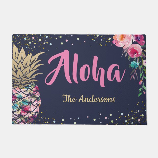 Aloha Tropical Pineapple Pink Floral Family Name Doormat (Front)