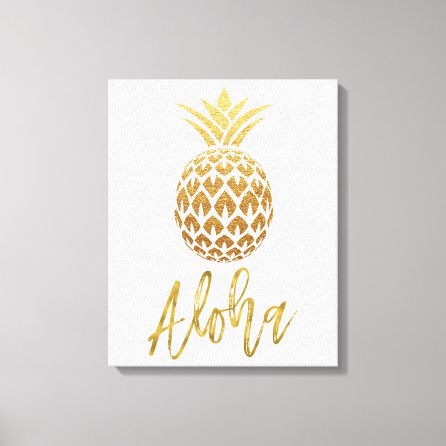 Aloha Tropical Pineapple White and Gold Foil Canvas Print (Front)