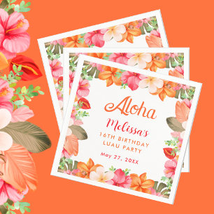 Aloha Tropical Pink & Coral Floral Luau Birthday Napkin