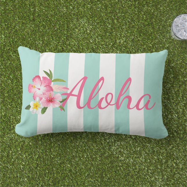 Aloha Tropical Pink Flowers and Aqua Blue Stripes Lumbar Pillow (Grass)