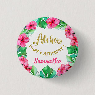 Aloha Tropical Pink Gold Hibiscus Birthday Party   1 Inch Round Button