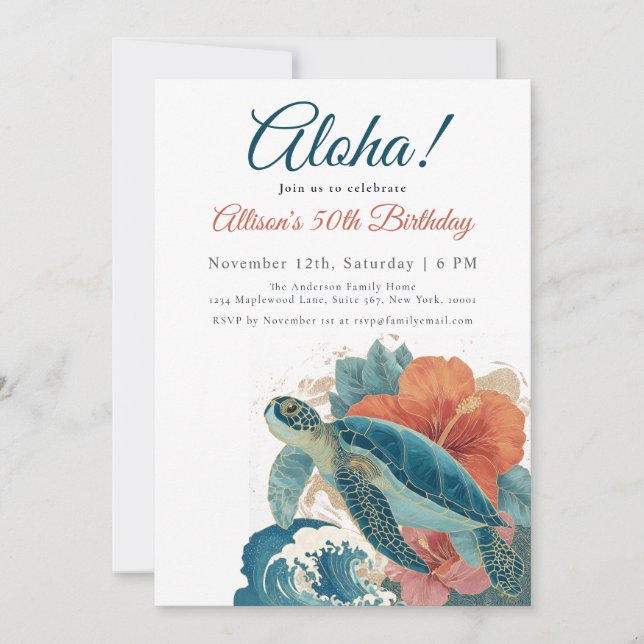 Aloha Tropical Sea Turtle Hawaiian Luau Birthday Invitation (Front)