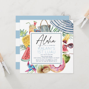 Aloha Tropical Umbrella Blue Boy 1st Birthday Invitation