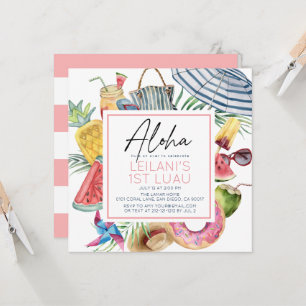 Aloha Tropical Umbrella Pink Girl 1st Birthday Invitation