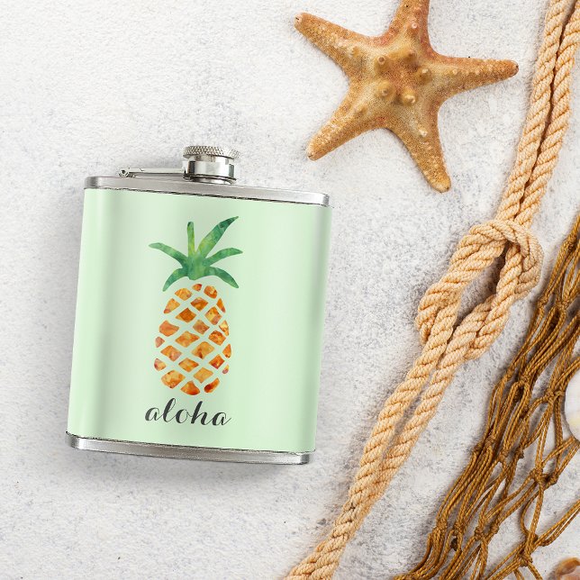 Aloha Tropical Watercolor Pineapple Personalized Hip Flask (Creator Uploaded)