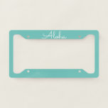 Aloha Tropical White Teal Blue Custom Colors Cool License Plate Frame<br><div class="desc">Designed with text template for "Aloha" in teal blue background. You may change the background color as you like.</div>
