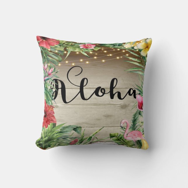 Aloha Tropical Wood Floral Leaves & Lights Chic Throw Pillow (Front)
