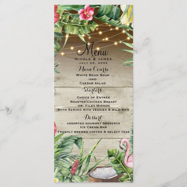 Aloha Tropical Wood Floral Leaves Lights Menu (Front)