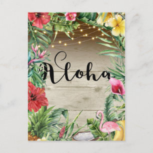 Aloha Tropical Wood Floral Leaves & Lights Summer Announcement Postcard