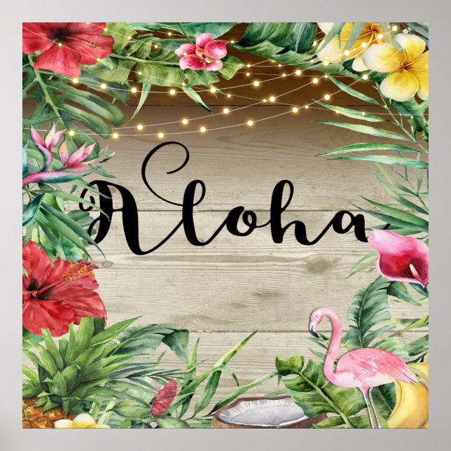Aloha Tropical Wood Floral Leaves & Lights Summer Poster (Front)
