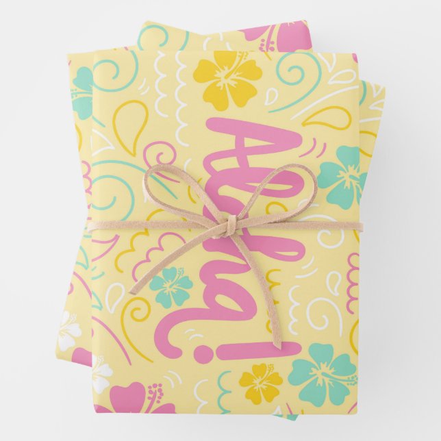 Aloha Tropical Wrapping Paper – Summer Party Vibes (In situ)