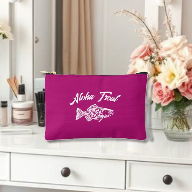 Aloha Trout-Hawaiian Pink Accessory Pouch (Aloha Trout Fisherman Trend Hawaiian Fish Beach Summer Coastal Cosmetic Bag  Pink)
