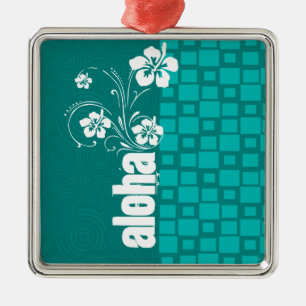 Aloha; Turquoise Squares; Retro Metal Ornament